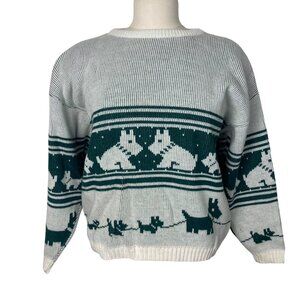 Vintage 80s Westie Scottie Dog Sweater Womens Medium Green Beige Pullover